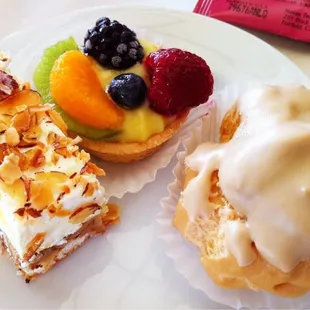 Pineapple coconut cake, fruit tart, maple glazed cream puff