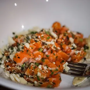 Salmon tartar, Tamari (gluten free soy sauce, crushed rice crackers, seaweed. GLUTEN FREE