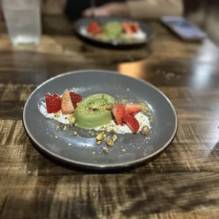 green tea panna cotta, strawberry, pistachio