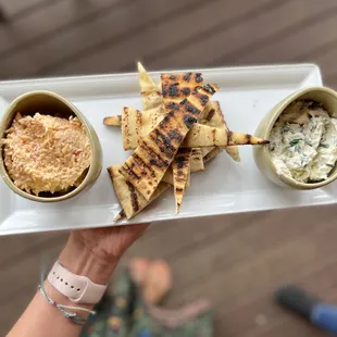 Duo of Dips: house made spinach &amp; artichoke dip &amp; our house made pimento cheese