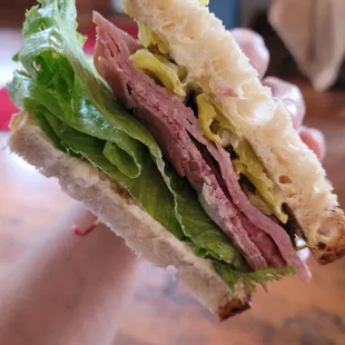 a person holding a sandwich in their hand