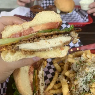 Crispy chicken burger with garlic fries. So good!