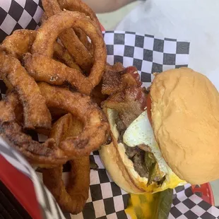 The Kevin Funk burger with onion rings