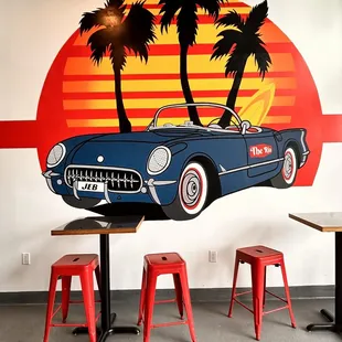 a classic car painted on the wall