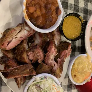 ribs, coleslaw, coleslaw and sides
