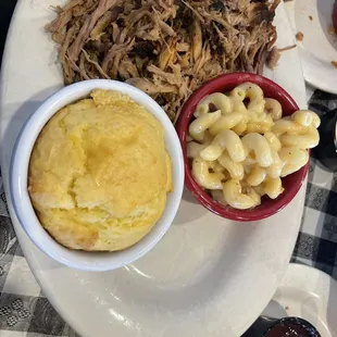 Pulled pork, Mac n Cheese Jalapeño and corn bread. Very tasty.   BBQ sauces   BOURBON Peach SPARTAN HOT