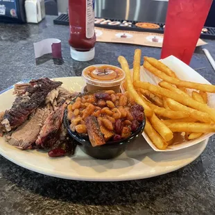 Brisket, put beans and fries.