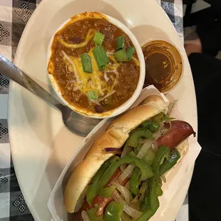 Polish sausage with grilled onions &amp; peppers