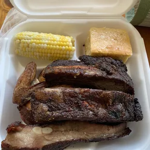 Rib and chicken combo to go.