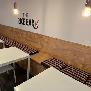 tables and benches in a restaurant