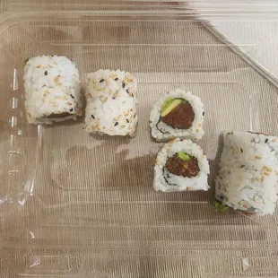 California Roll with Spicy tuna. This roll was TINY! I really wanted to take out my tape measure to measure how small the roll was.