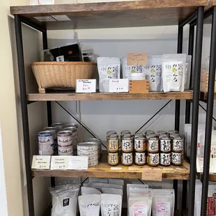 a shelf of rice products