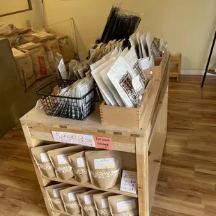 a display of rice in a store