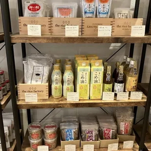 a shelf of rice products