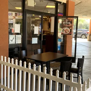One table for outdoor dining, no indoor dining