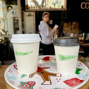 two cups of coffee on a plate