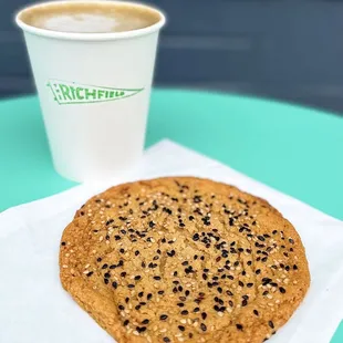 Hōjicha Latte ($5.75) w/ oat milk (+$1) &amp; Rosalind Bakery Sesame Cookie ($2.60)