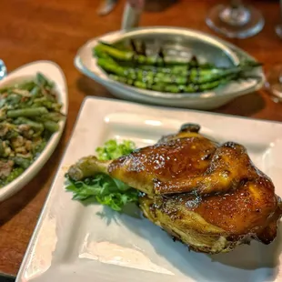 Half chicken (great), green bean side (meh), and asparagus