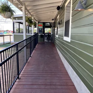 a porch with railings
