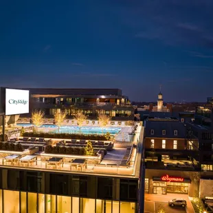 a view of the rooftop at night