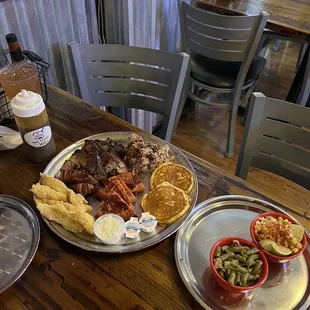 That meat platter is decadence at its finest  brisket, pulled pork, catfish (favorite!!), sausage links, fried bologna (UNBELIEVABLE ),