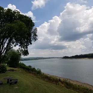 picnic tables overlooking the lake