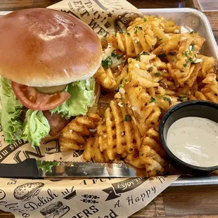 Build Your Burger with Garlic Waffle Fries ($16)