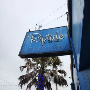 a palm tree in front of the riptide cocktails sign