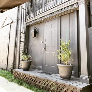 two potted plants on a porch