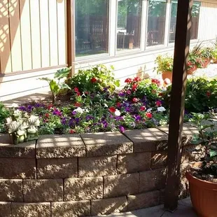 a flower bed in front of a house