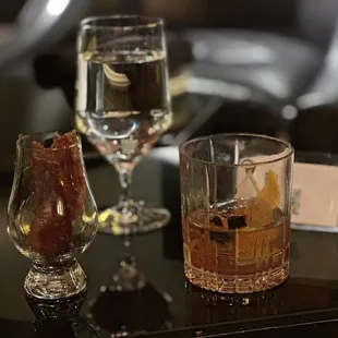 Smoked Old Fashioned and candied bacon on the side