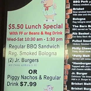 a menu for lunch