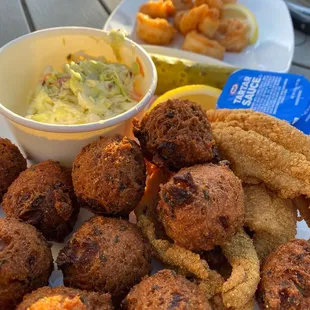 Firecracker shrimp and 3 piece fish with slaw and TONS of hush puppies