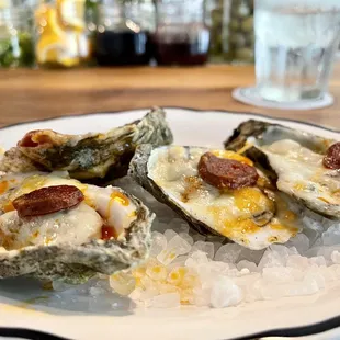 Roasted oysters with chorizo