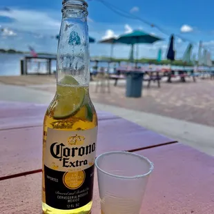 a bottle of corona extra next to a shot glass