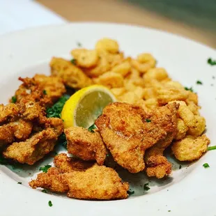 Fried alligator oysters and shrimp