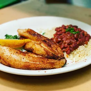 Blackened catfish with red beans and rice