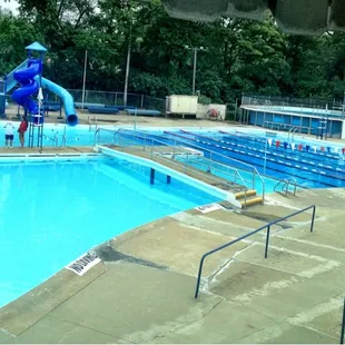 Diving pool, one of the lap pools, water slides