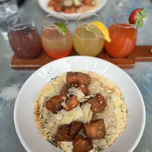Salmon Bites and Grits, Mimosa Flight