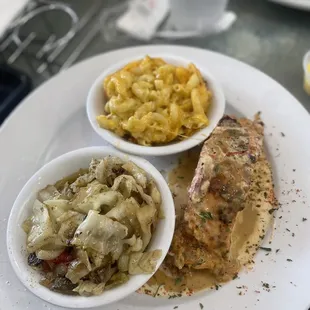 Salmon, cabbage, and Mac and cheese