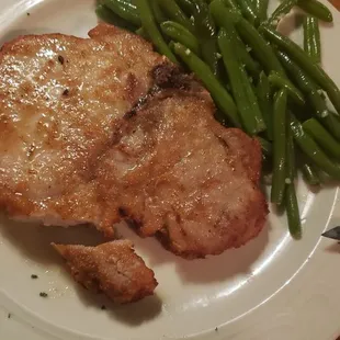 Not pictured - Beef Barley soup.(side1) Pictured- Braised Porterhouse chop- melt in your mouth, cut with your fork! &amp; garlic greenbeans
