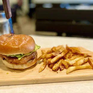 Vegetarian chicken sandwich and fries