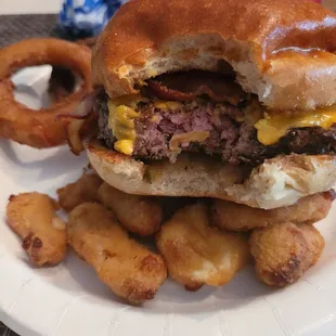 Bacon Cheesburger, Onion Rings, and Cheese Curds