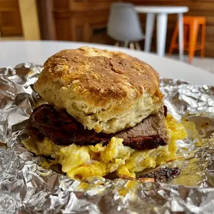 Smoked Brisket and Egg Biscuit (biscuit du jour)