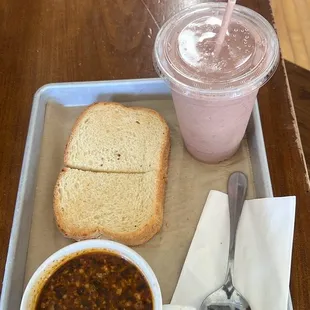 Grilled cheese, soup, and a smoothie