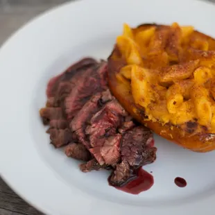 Seared Beef Tenderloin, Roasted Acorn Squash Stuffed with Creamy Bacon Mac &amp; Cheese