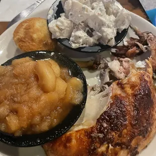 Chicken with potato salad and baked apples