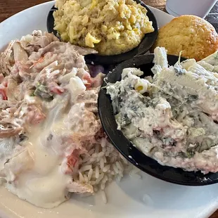 Chicken con queso with smoked pasta salad, squash casserole &amp; corn bread