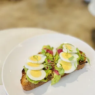 Avocado toast with a boiled egg