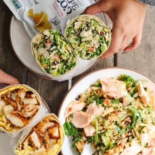 Chicken breakfast wrap, Southwest Wrap, Asian salad